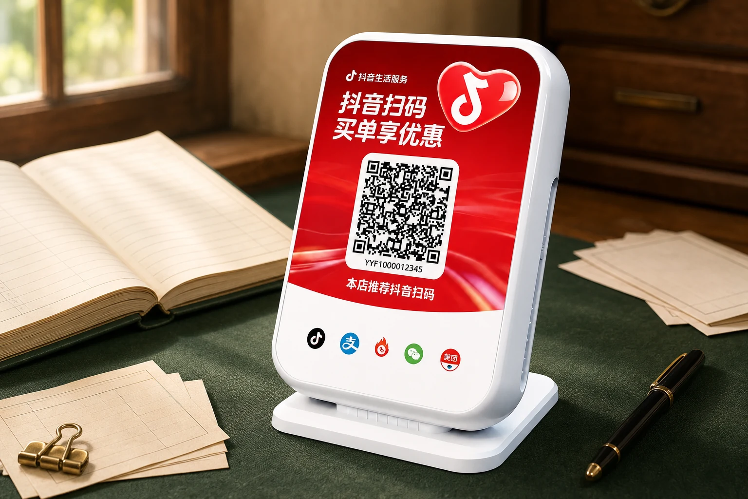 真实白色台式抖音买单设备与经营账本票据组成的桌面场景